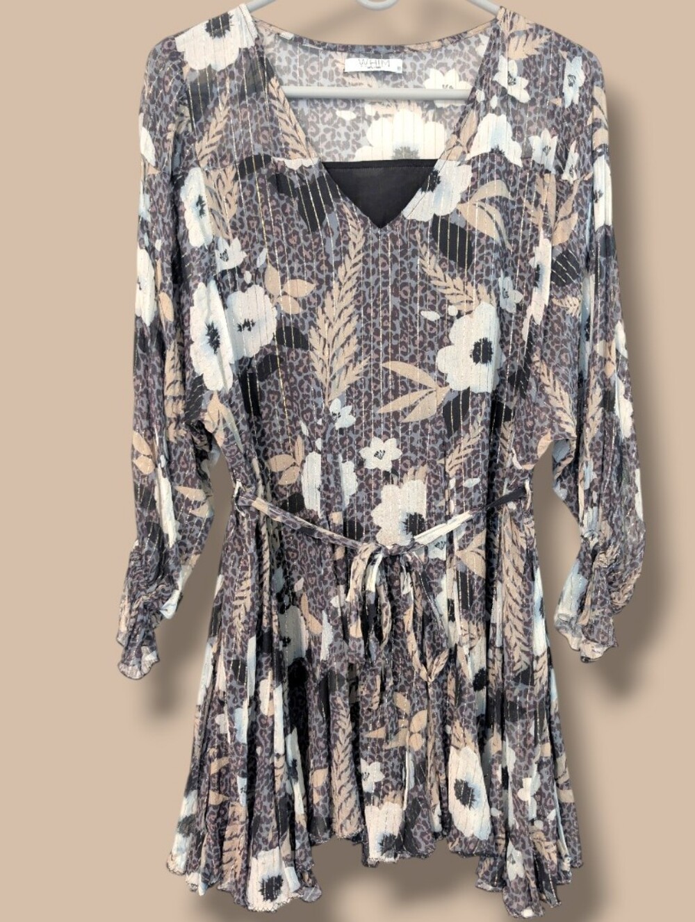 Whim Purple Metallic Floral Leopard Chiffon Flutter Sleeve Ruffle Mini Dress